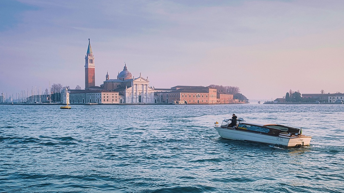 Panoramic view of San Giorgio Maggiore Church and bell tower in Venice.