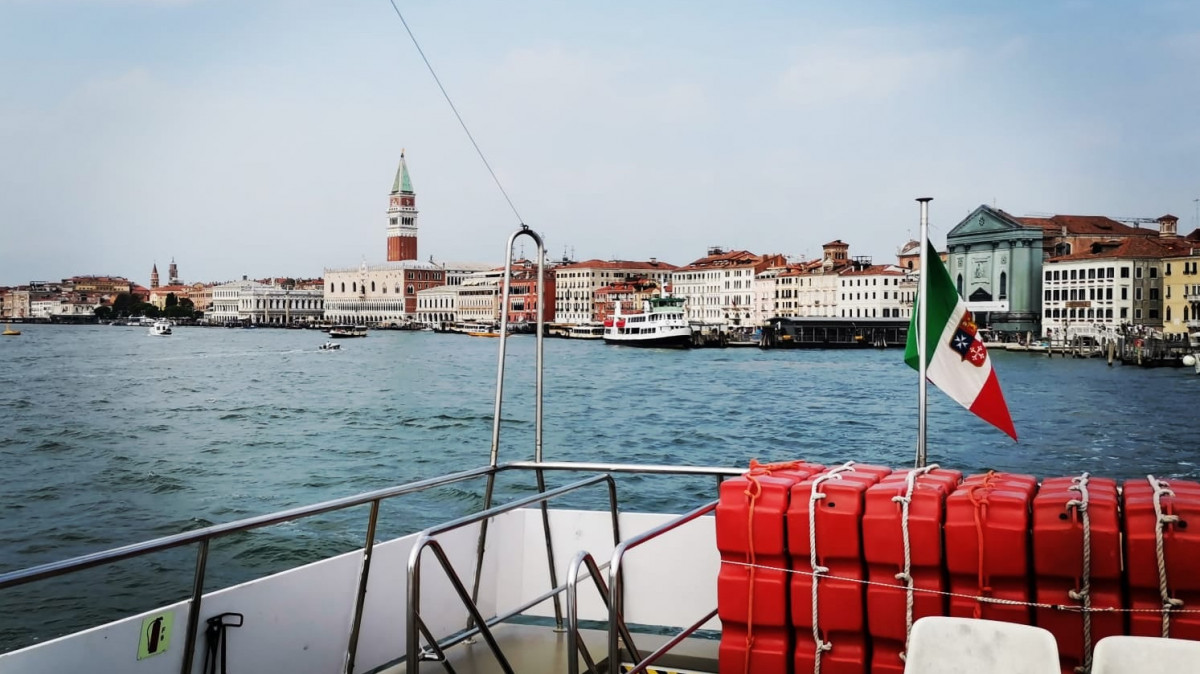 View of St. Mark's Square and the Doge's Palace from an Aci Venezia ferry boat on the Venetian Lagoon, Venice, Italy.