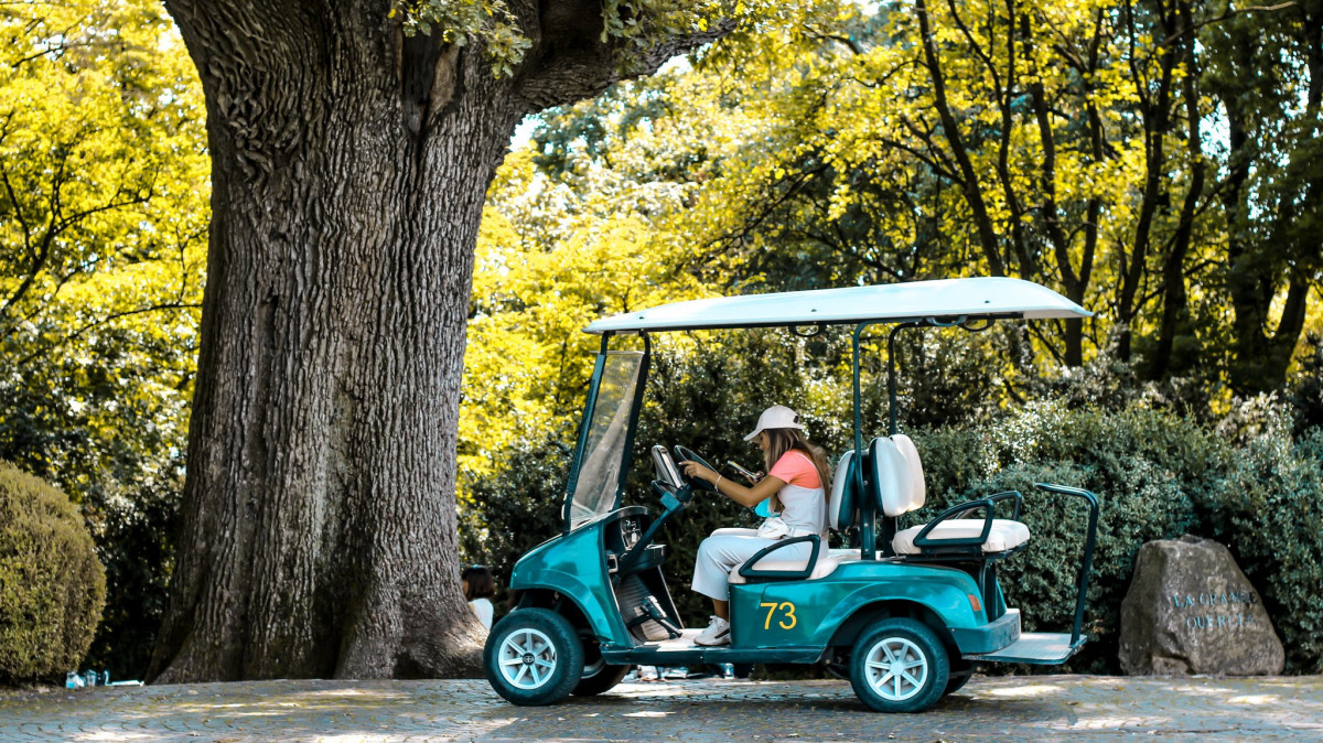 A visitor driving a green golf cart next to the ancient Great Oak tree at Parco Giardino Sigurtà.