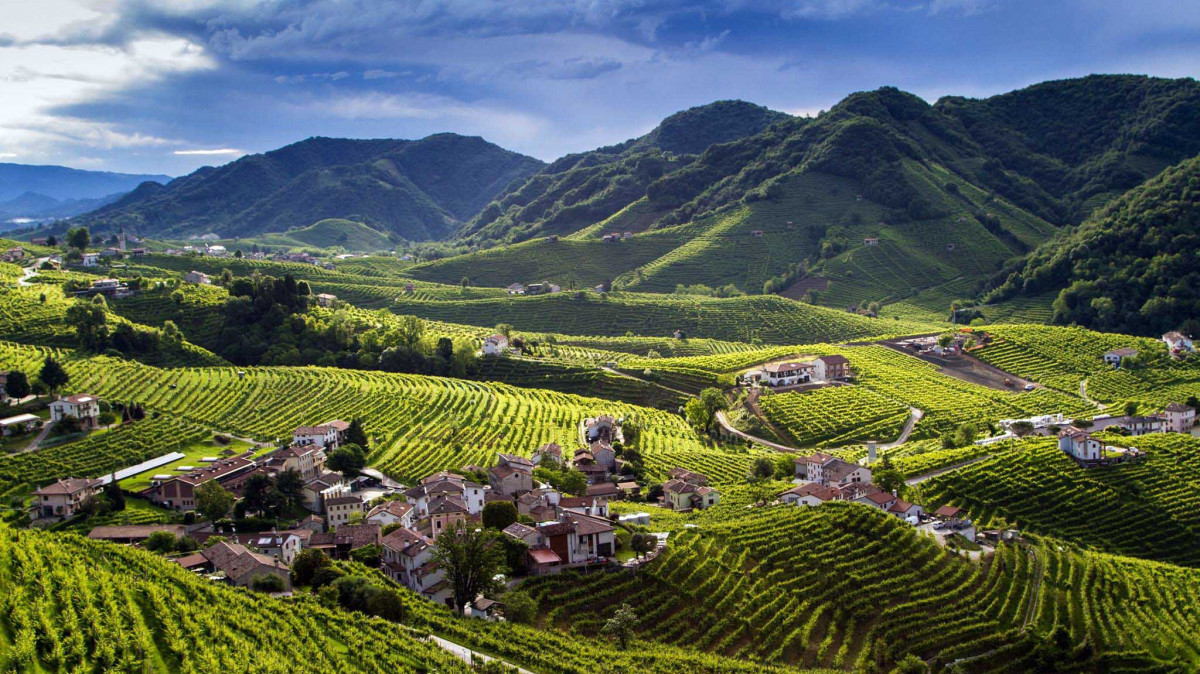 Aerial view of the Prosecco Hills, the UNESCO site with terraced vineyards and rural villages