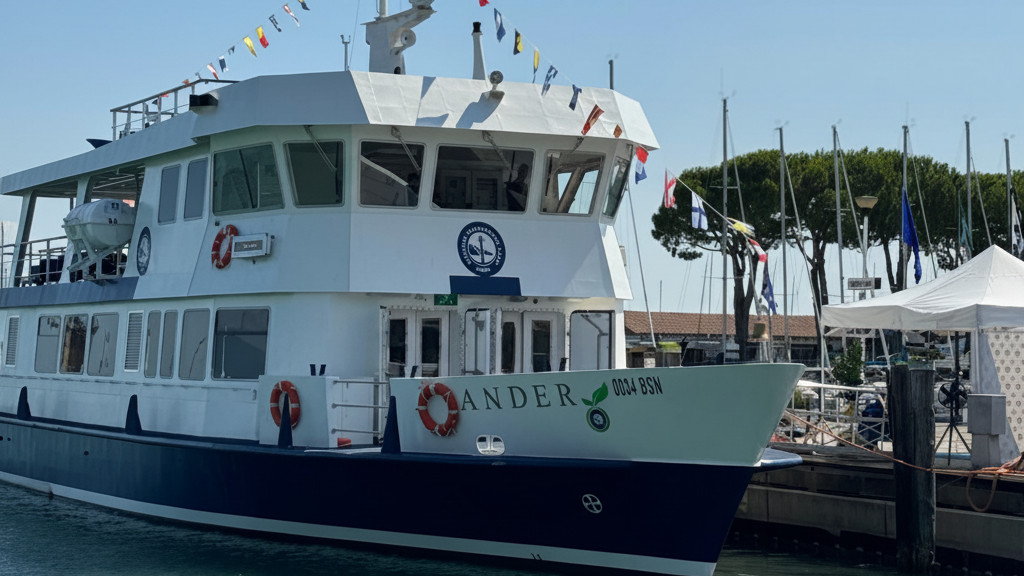 Passenger ferry boat 'Ander' docked at a port on Lake Garda, Italy, decorated with colorful signal flags