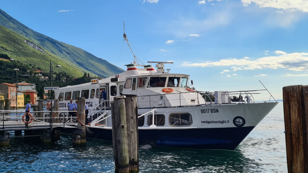 Passenger ferry boat docked at a pier on Lake Garda, Italy, with mountains in the background and crew members on board.