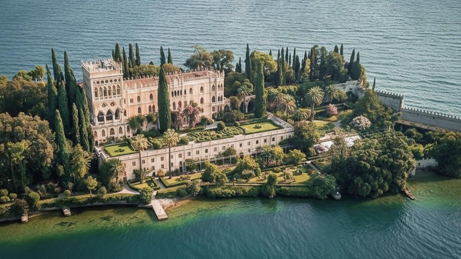 Aerial view of the historic neo-Gothic villa and gardens on Isola del Garda, Lake Garda, Italy.
