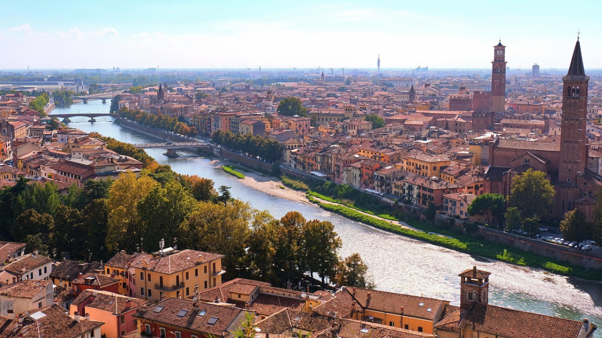 Panoramic aerial view of the historic city of Verona and the Adige River, Italy