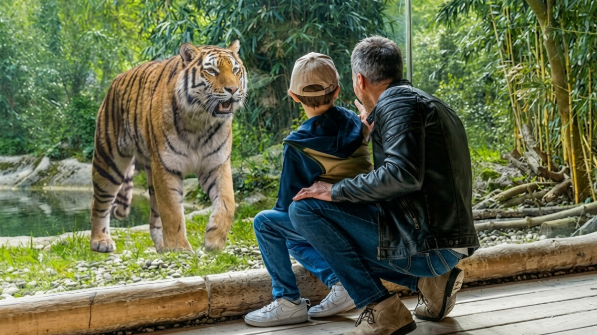 A man and a young boy look closely at a roaring tiger inside a large, natural-looking glass zoo enclosure, with a bamboo-filled background.