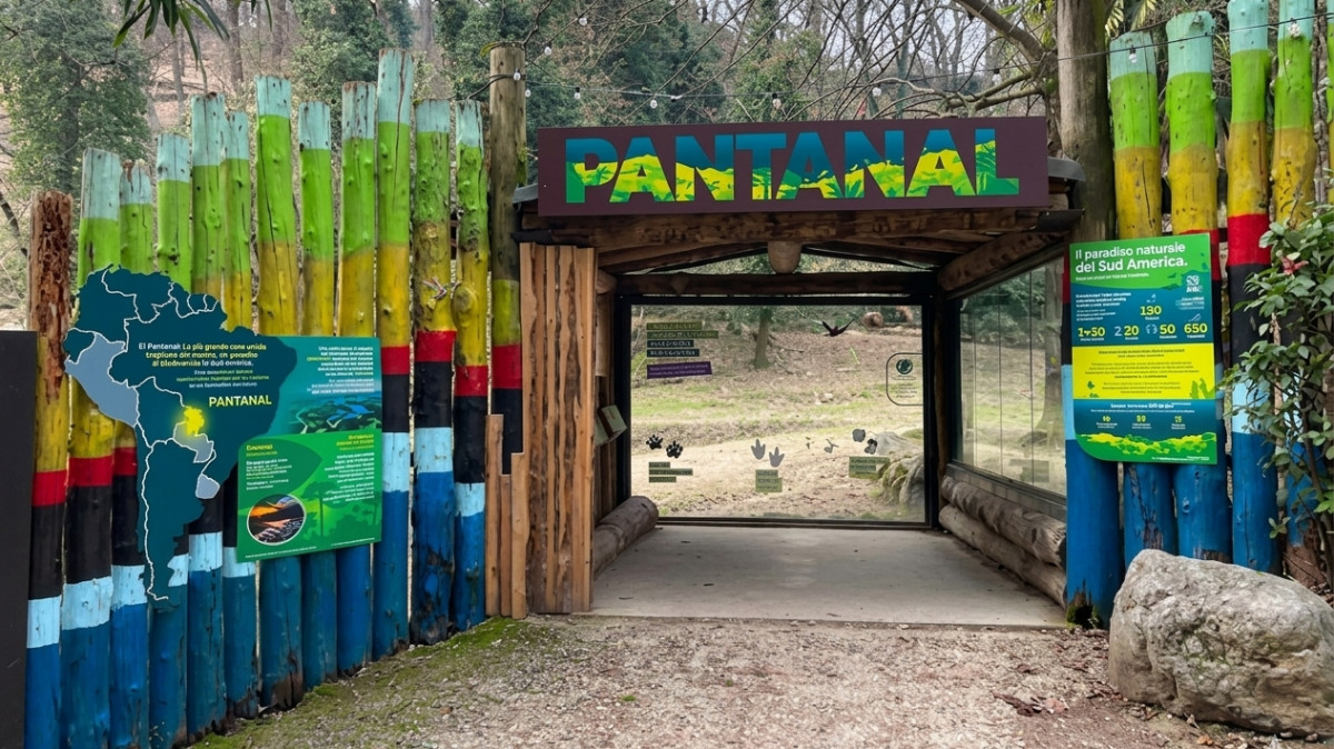 Entrance to the Pantanal habitat at Parco Natura Viva, featuring colorful wooden pillars, educational signs about South America, and a glass viewing tunnel