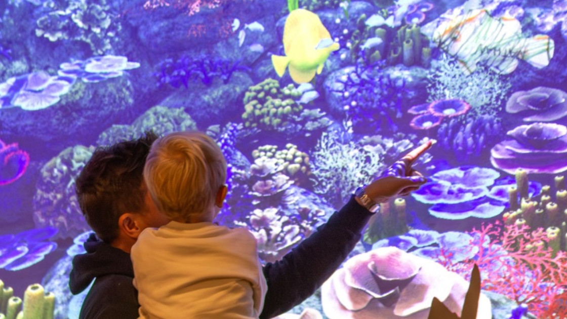 A man and his young child admire the large coral reef display with yellow fish at the Gardaland SEA LIFE Aquarium.