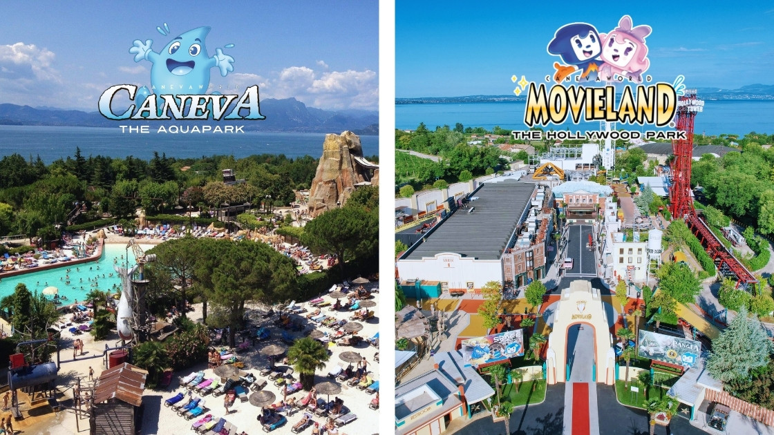 Aerial view of Caneva water park and Movieland theme park on Lake Garda for two-day park hopper tickets.