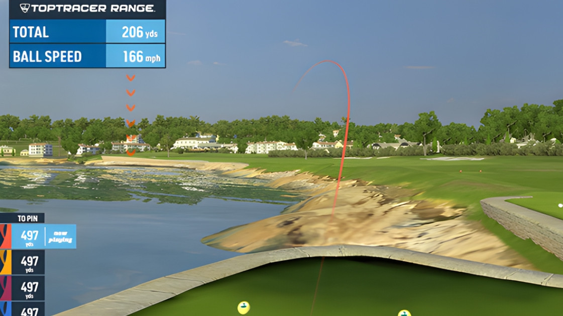 Virtual golf course gameplay using Toptracer technology to track ball flight and performance metrics like yardage and speed.