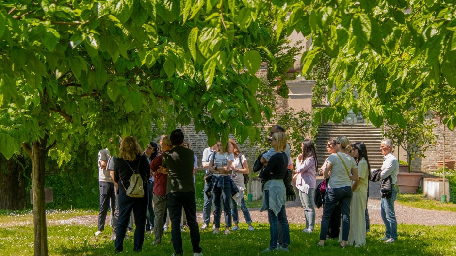 A guided tour at Castello di Roncade winery with visitors admiring the historic architecture and outdoor estate grounds in Treviso